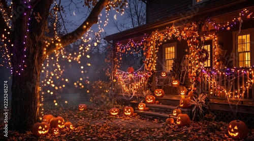 House decorated with Halloween lights and pumpkins at night with fairy lights on tree