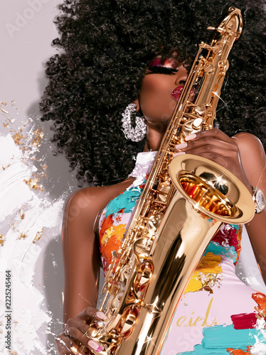 Elegant Woman Playing Golden Saxophone with Vibrant Background