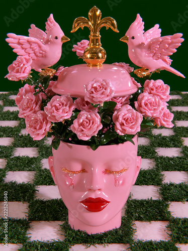 Whimsical Pink Floral Head with Birds and Tears
