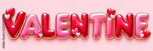 Glossy Pink and Red Valentine Lettering with Decorative Hearts on Pastel Pink