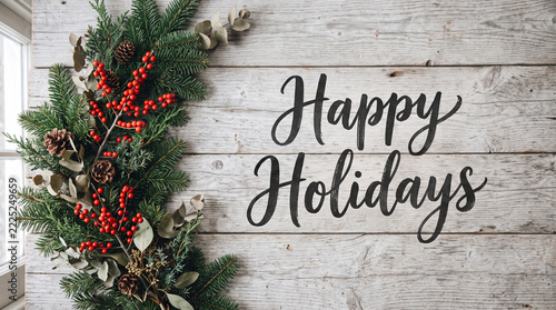 Happy holidays greeting card with pine branches, red berries, and pine cones on rustic wooden background