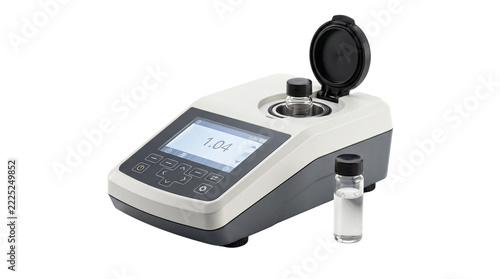 Digital laboratory spectrophotometer device, benchtop turbidity meter with glass sample vial, scientific chemical testing equipment
