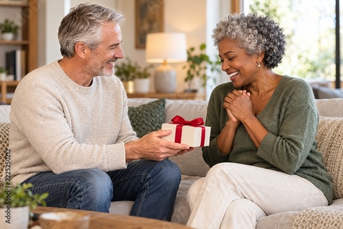 Mature man surprising a delighted woman with a small gift at home