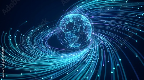 Digital Network Earth Globe with Swirling Fiber Optic Light Trails