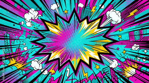 Vibrant Comic Book Explosion Pop Art Background.