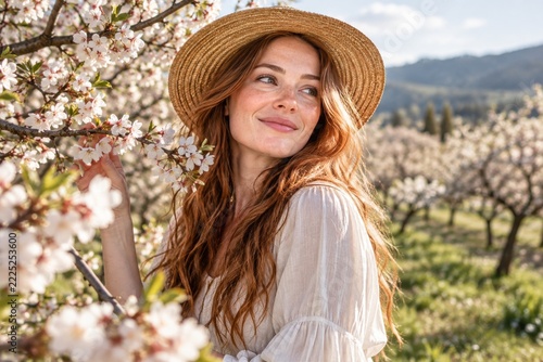 Woman in a straw hat enjoying white cherry blossoms in a sunny spring orchard