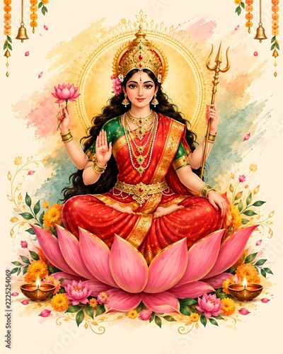goddess lakshmi sitting on lotus flower with trident and oil lamps for diwali festival.
