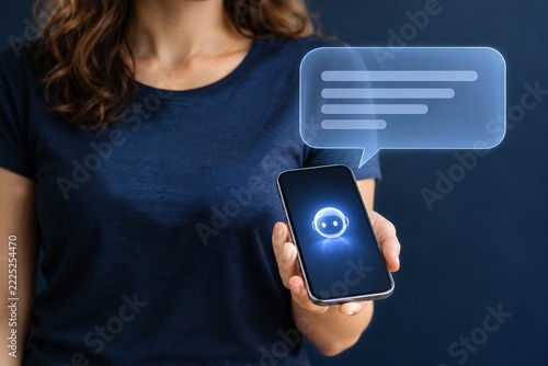 Woman Holding Smartphone with Glowing Chatbot Head and Message Bubble