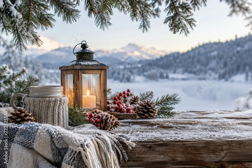 Winter lantern and ceramic mug with pinecones and berries on a snowy wooden t...