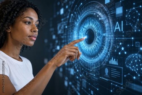 Woman Reaching Toward Luminous Blue Digital Iris and Intelligence Symbols