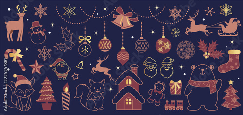 Christmas Design Elements Vector Illustration Set Isolated On A Dark Blue Background.
