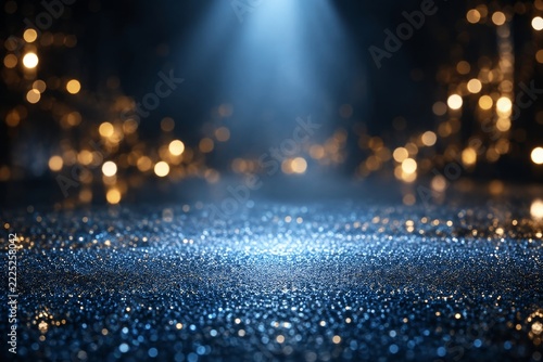 Glittering Blue Display Ground under a Cool Spotlight with Golden Bokeh