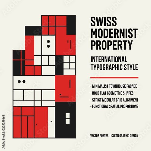 Swiss Modernist Property Poster: Geometric Townhouse Facade, Typography