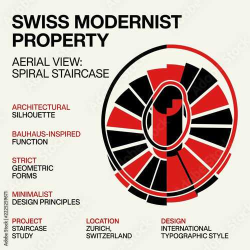 Swiss modernist spiral staircase aerial view, abstract graphic design