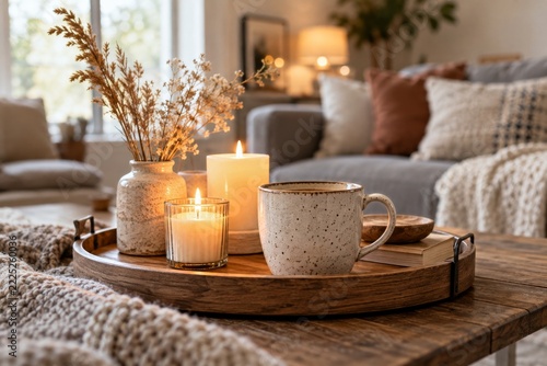 Ceramic mug and glowing candles on a round tray beside dried grasses
