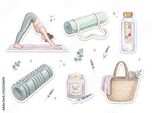 Cute watercolor clipart sticker set of winter holiday treats, cozy rainy day, wellness mindfulness elements, picnic basket, and adorable animals