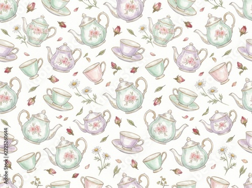 Delicate watercolor seamless pattern of blooming tulips, vintage teapots, woodland animals, acoustic instruments, and baby nursery toys