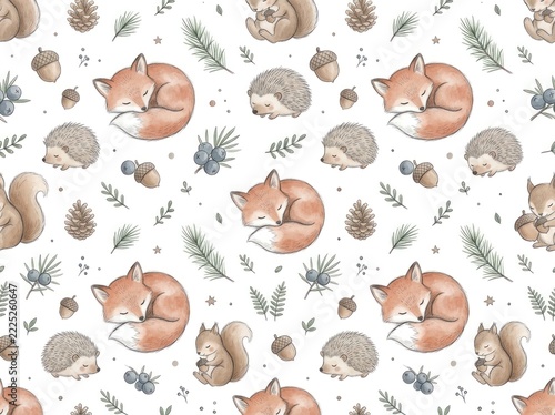 Delicate watercolor seamless pattern of blooming tulips, vintage teapots, woodland animals, acoustic instruments, and baby nursery toys
