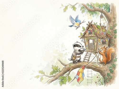 Whimsical watercolor children storybook illustration of forest animals rowing wooden boat in waterlily pond and fairy treehouse