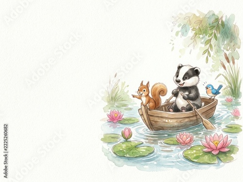 Whimsical watercolor children storybook illustration of forest animals rowing wooden boat in waterlily pond and fairy treehouse