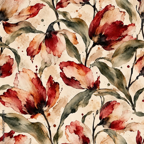 Floral Watercolor Seamless Pattern with Red Tulips
