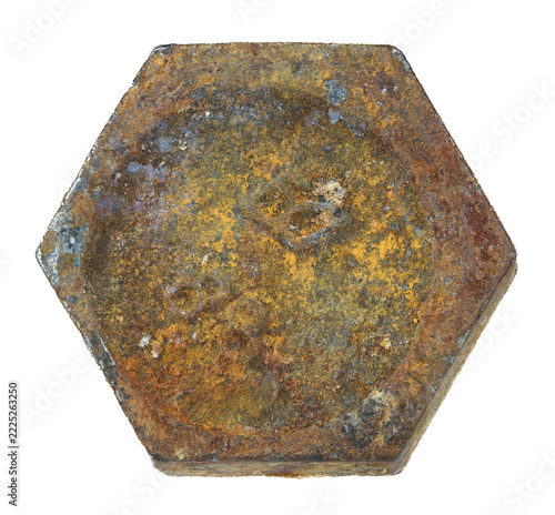 Weathered Hexagonal Metal Artifact Showing Deep Layers of Oxidation and Time