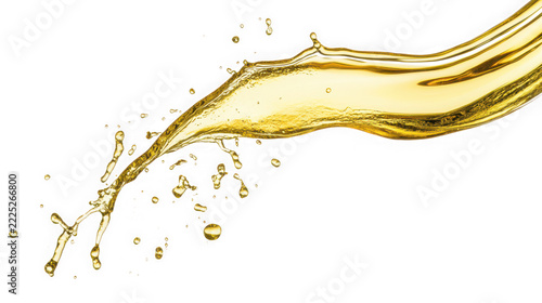 Golden liquid oil splash isolated against a plain white background