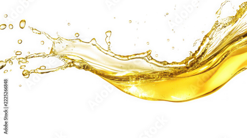 Golden liquid oil splashing in a wave motion against a white background