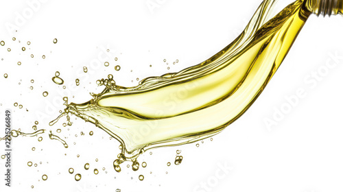 Yellow liquid pouring from a bottle neck with dynamic splash pattern olive