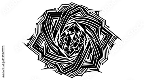 intricate abstract mountain range illustration with bold black contour lines and sharp geometric peaks in high-contrast line