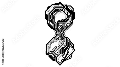 futuristic geometric keyhole lock with intricate circuit board pattern and hexagonal frame in bold black and white vector