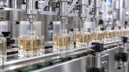 Automated machine fills glass perfume bottles on conveyor belt in factory