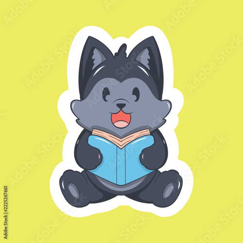 Cute wolf sticker reading a book vector design