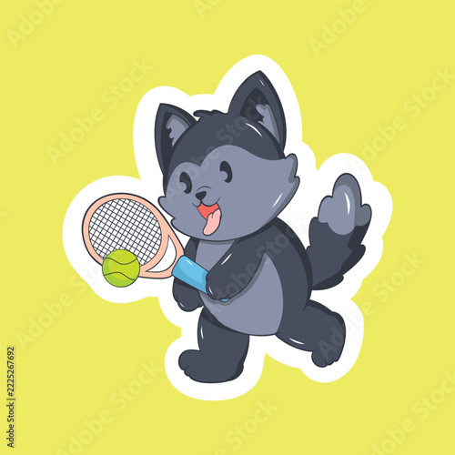 Cute wolf sticker playing tennis vector design