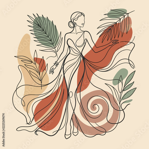 Ethereal Woman in Flowing Dress with Tropical Leaves Line Art