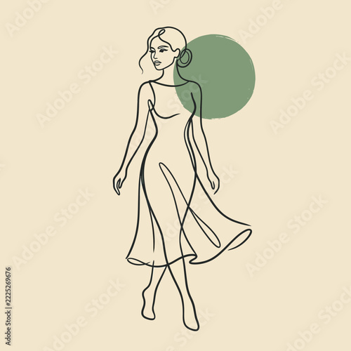 Elegant woman line art fashion illustration, minimalist style, pastel background