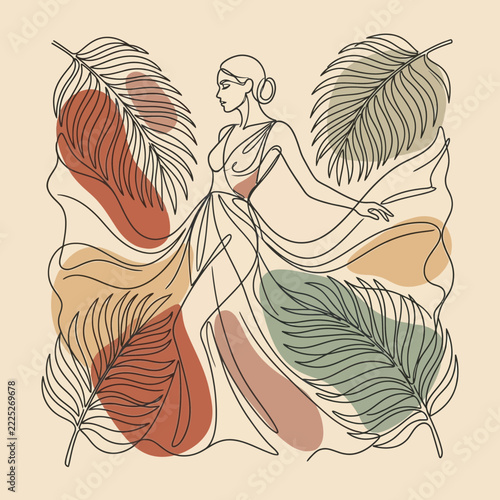 Elegant woman in flowing dress, palm leaves, abstract shapes, minimalist line art
