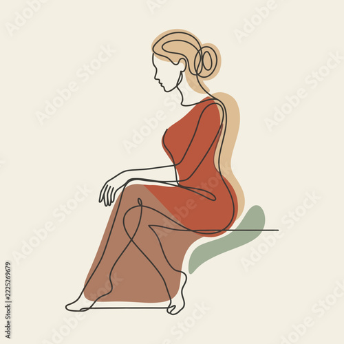 Elegant woman seated, one-line art, minimalist fashion portrait