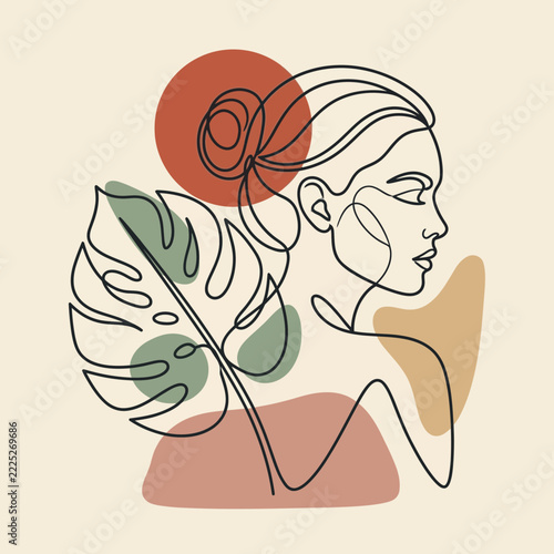Minimalist continuous line art portrait of woman with tropical leaf and abstract shapes.