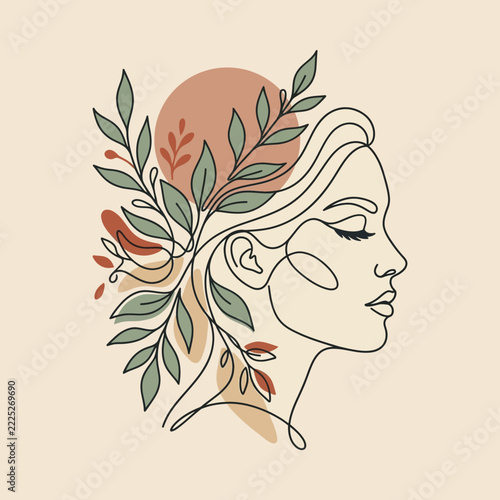 Elegant Woman Profile with Botanical Elements, Minimalist Line Art