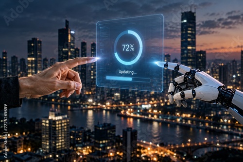 Human and Robotic Fingers Touching Blue Update Interface above Night City