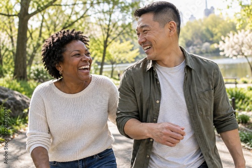 Happy Adult Friends Laughing Together in a Sunny Green Spring Park
