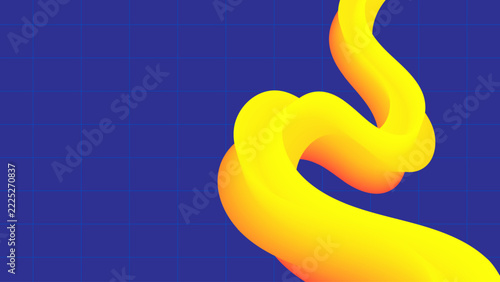 Abstract fluid dynamic wave background with yellow and orange 3D ribbon flow on blue grid texture