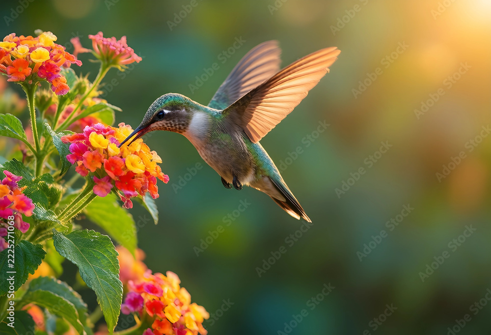 Naklejka premium pollination and biodiversity, hummingbird feeding on lantana flowers in a garden with soft sunlight and natural bokeh background