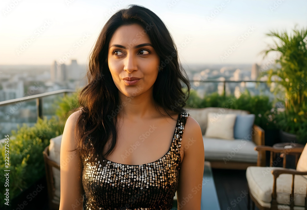 Naklejka premium Urban lifestyle and evening leisure, young woman in sequin top relaxing on rooftop terrace with city skyline view during golden hour sunset