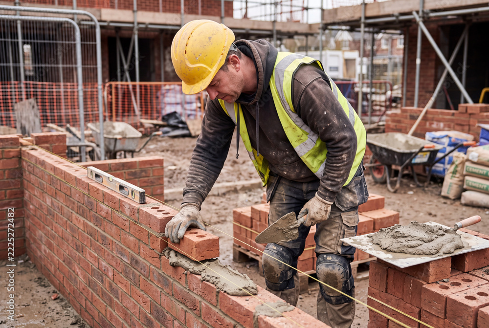 Obraz premium Bricklayer constructing a wall on building site