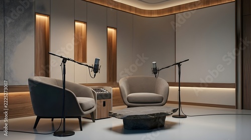 Elegant Podcast Interview Studio with Dual Microphones and Warm Acoustic Interior
