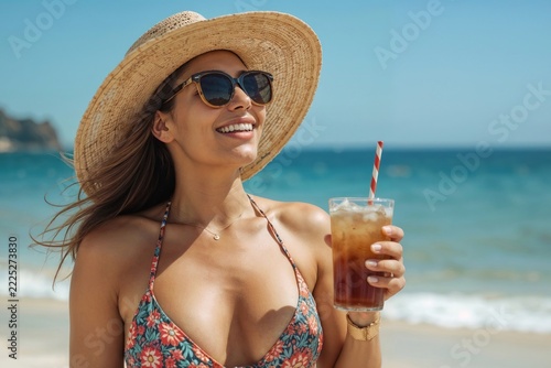 Woman smiles, sun hat, sunglasses, holding iced drink. Beach waves crash behind her, clear blue sky above