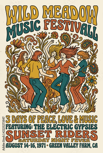 Retro Music Festival Poster, Psychedelic Art, Dancing People, Flowers, 1970s Style