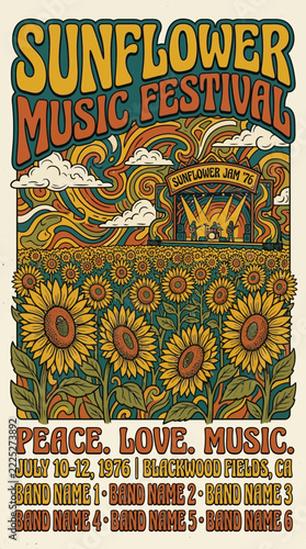 Psychedelic Sunflower Music Festival Poster 1970s Style